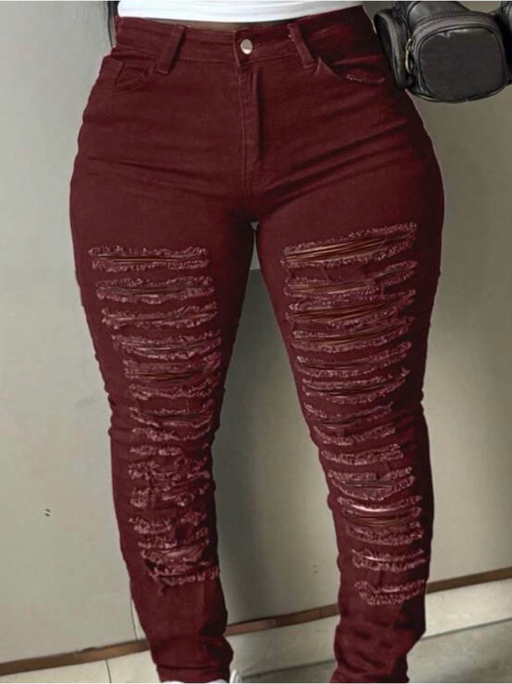 Curve High-Waist Distressed Skinny Jeans - Burgundy